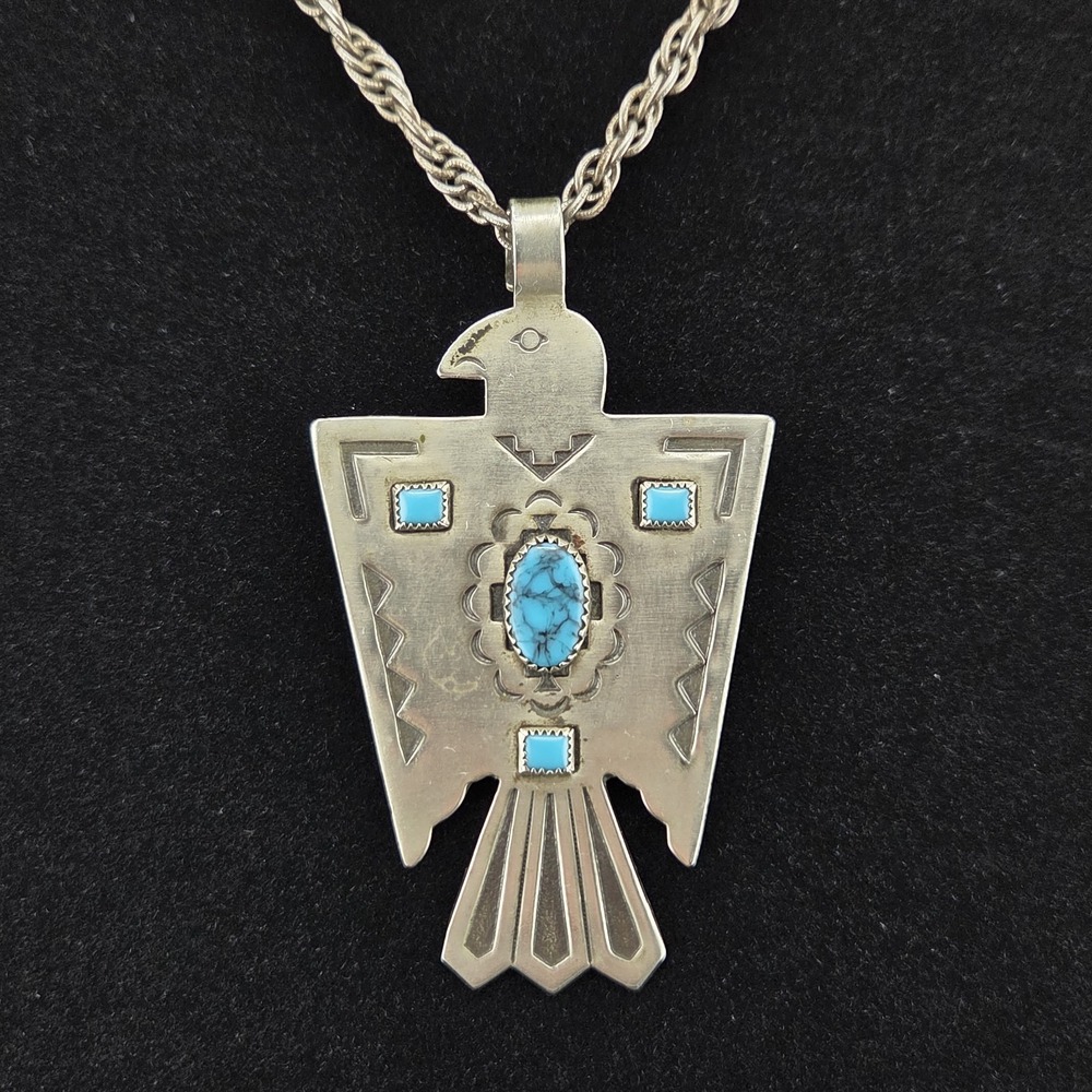 Thunderbird Bell Trading Nickel Silver Faux Turquoise Vintage Pendant Necklace